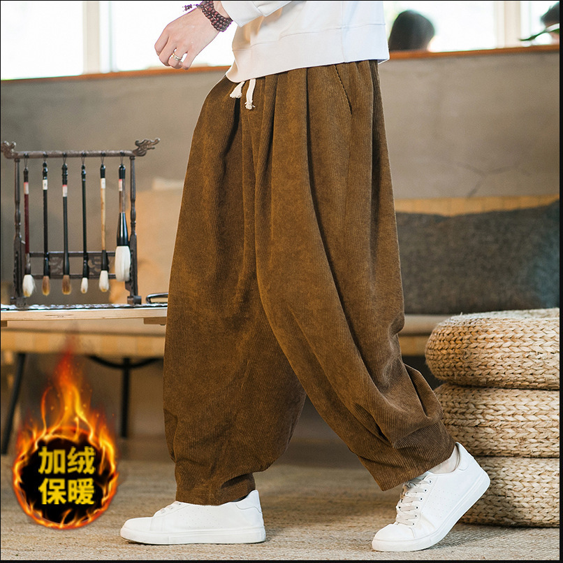 Invierno nuevos hombres de gran tamaño color sólido estilo chino pana más terciopelo engrosamiento pantalones sueltos pantalones casuales de pierna ancha de moda