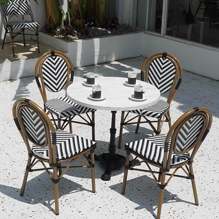 Al Aire Libre francés ocio jardín balcón mesa y silla cafetería leche tienda de té retro al aire libre mesa de ratán y silla combinación