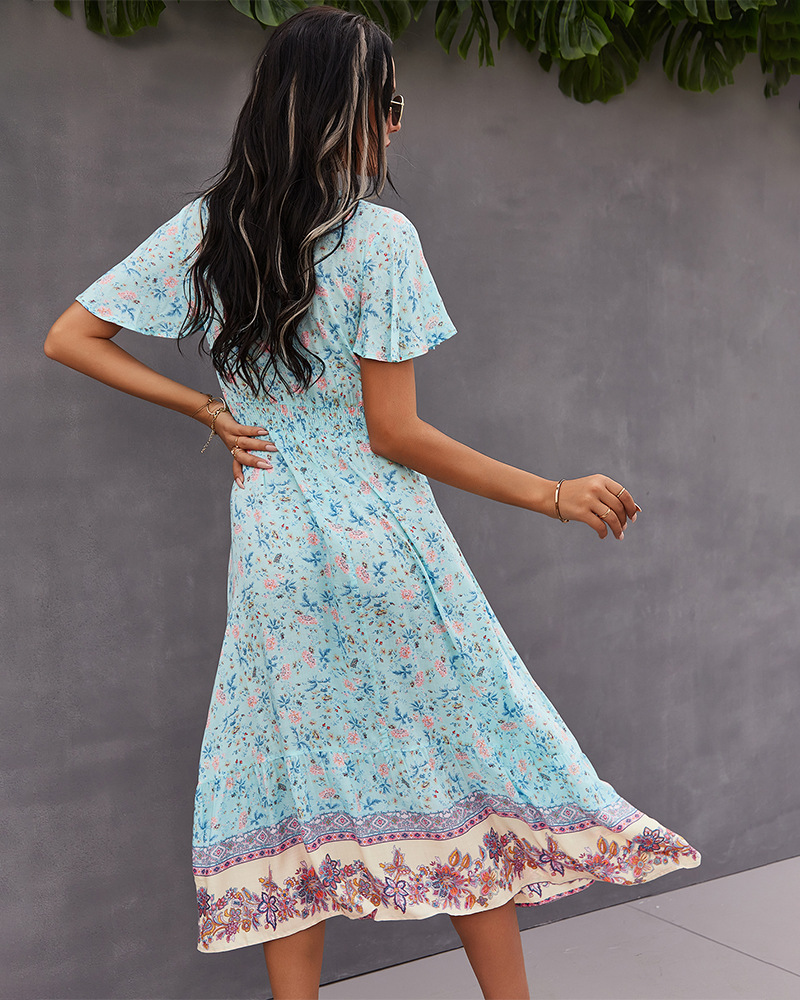 drawstring flower bohemian casual dress NSKA37622