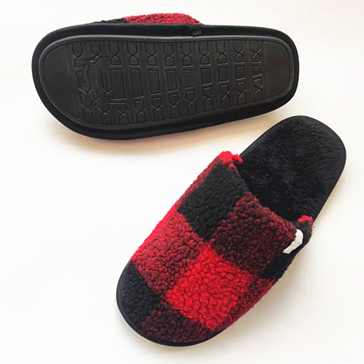 Comfortable Warm Black Red Plaid Lambskin Indoor Shoes Non-slip Men's Indoor Plaid Lambskin Home Shoes