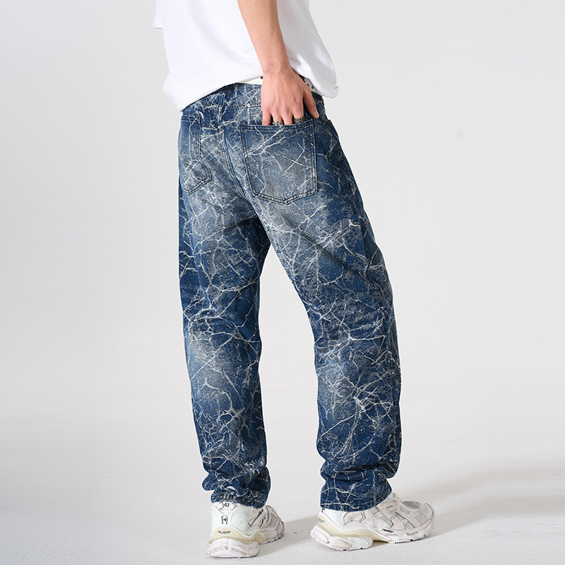 Men's Loose Straight Leg Jeans High Street Lightning Print Retro Cool Wide Leg Trousers For Spring Autumn_mkmklike.com