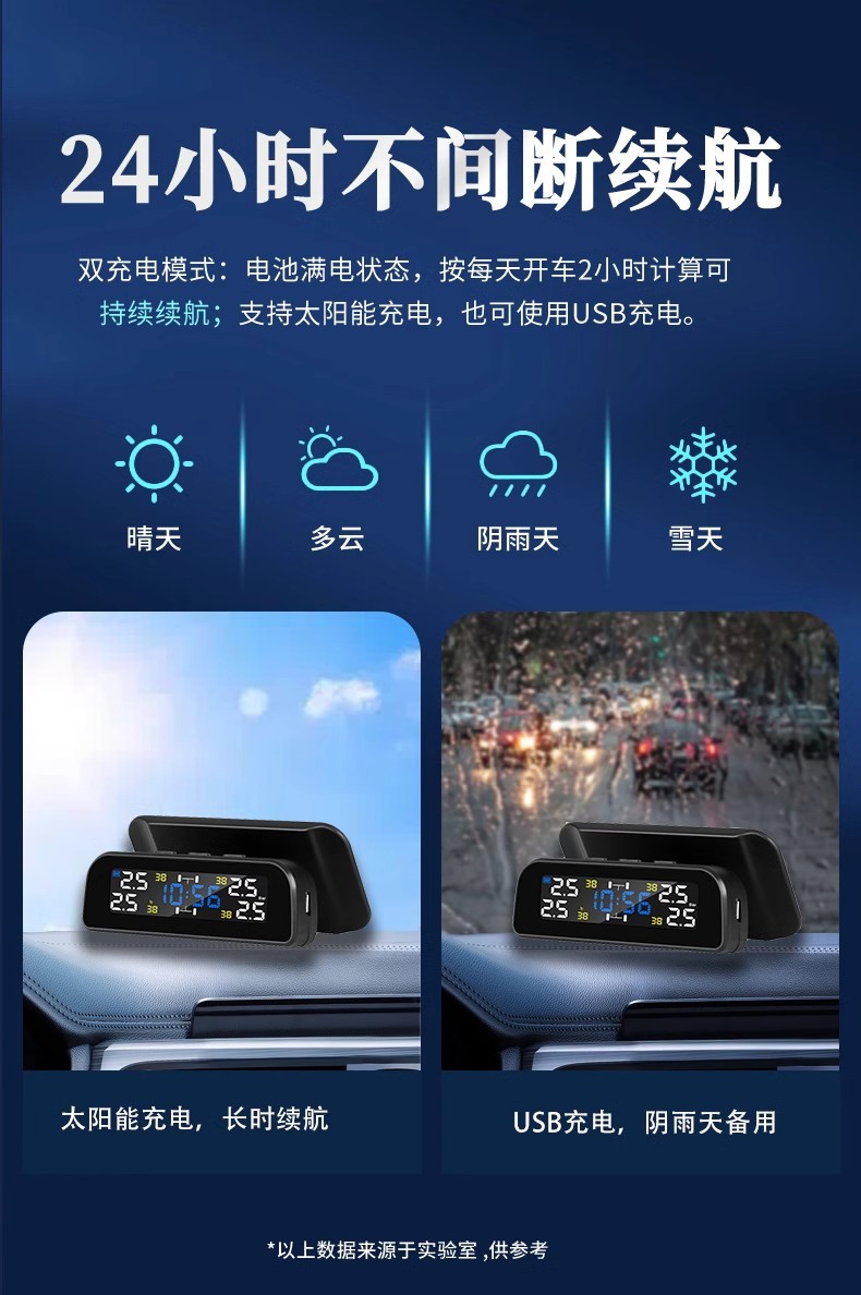 Tire pressure monitor built-in external car tire detection monitor wireless solar high-precision pressure measurement digital display