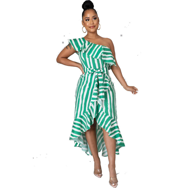 Vestido elegante para ir al trabajo de la próxima temporada, falda irregular, vestido midi verde con hombros descubiertos, vestido a rayas entallado de talla grande. image 7