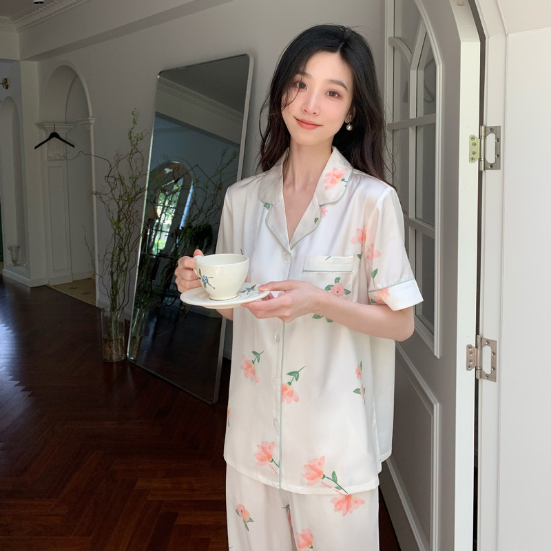 2023 New Little Red Book Recommended Women Pajamas Suit Peony Flower Short-sleeved Trousers Printed Comfortable Home Clothes 2023 New Little Red Book Recommended Women Pajamas Suit Peony Flower Short-sleeved Trousers Printed Comfortable Home Clothes
