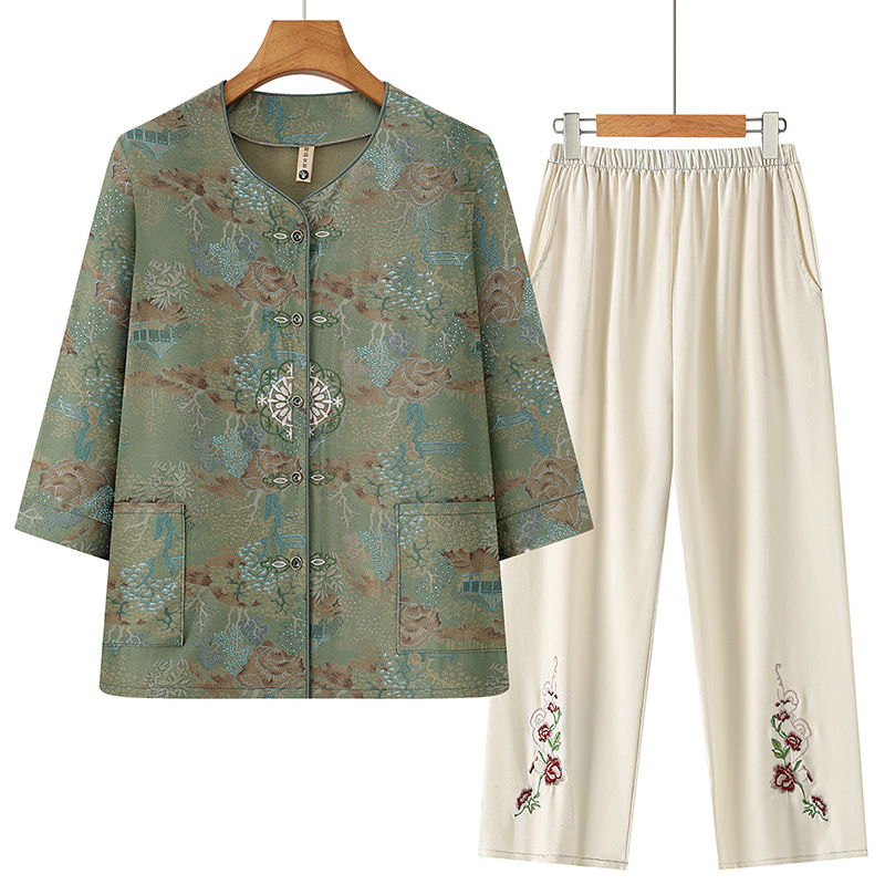 Summer Outfit Set for Middle-Aged and Elderly Women, Thin Shirt, Traditional Chinese Style, Cardigan Two-Piece Set for 70-Year-Old Mom, Grandma