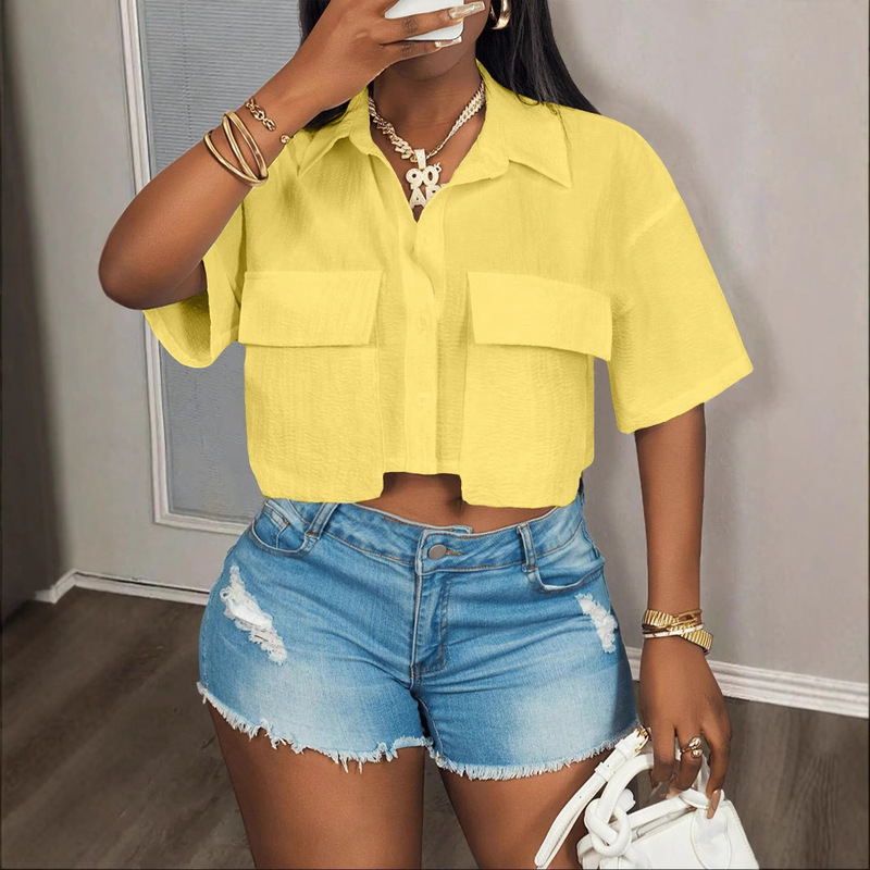 Amazon Cross-Border European and American Foreign Trade Women's Clothing Casual Fashion Pocket Short Shirt Cardigan Top Solid Color Short-Sleeved Ready Stock Amazon Cross-Border European and American Foreign Trade Women's Clothing Casual Fashion Pocket Short Shirt Cardigan Top Solid Color Short-Sleeved Ready Stock