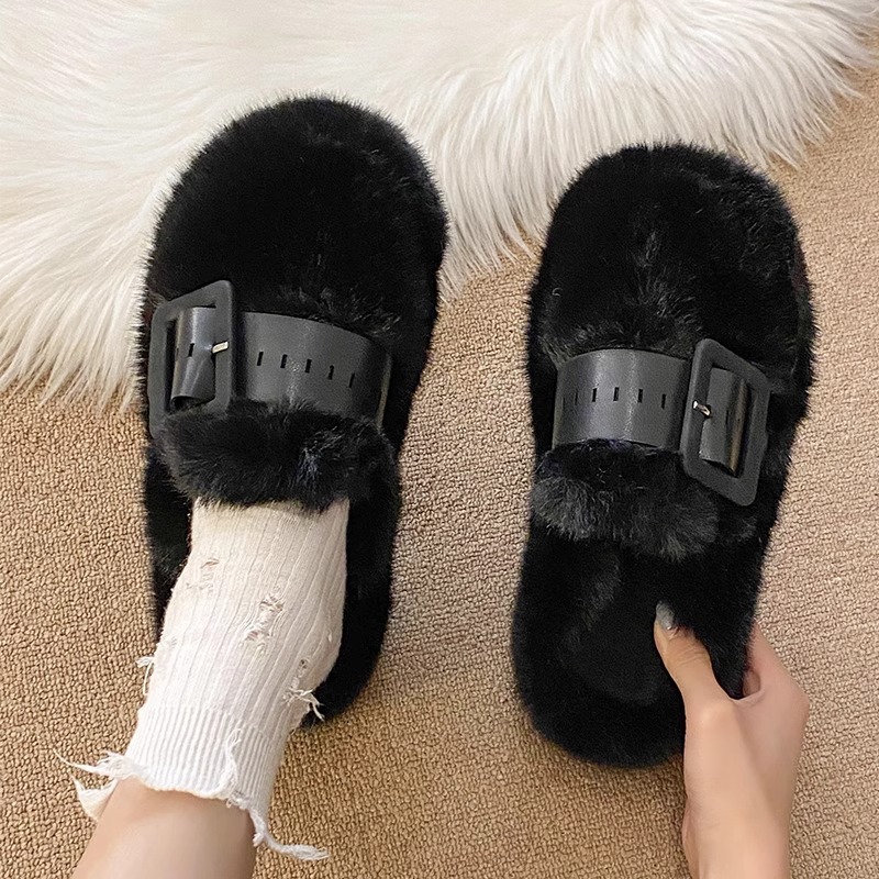 Zapatillas de pelo rojo de Internet explosivas mujeres otoño e invierno 2024 nuevo fondo blando moda Fondo grueso para mantener el calor en casa Baotou Cotton Tower