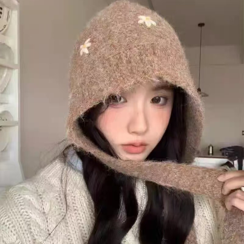 复古小花红色巴拉克拉法帽女冬季针织毛线帽保暖显脸小护耳帽子|undefined