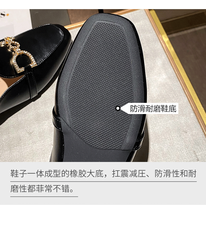 Dép sandal nữ bít mũi gót thô đính đá kim loại mũi ngang, kiểu lười nửa dép mùa hè — Màu mơ, Màu đen chi tiết 12
