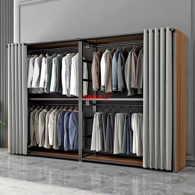 Metal Wardrobe with Reinforced Two-Layer Design for Small Bedroom Closets, Can Be Assembled with Curtain Rods