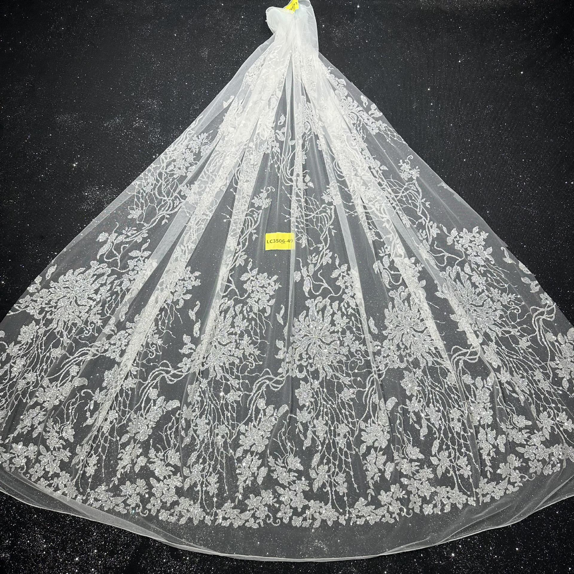 白纱纯银花型LC3506-49#款花型婚纱礼服面料 网纱 喷金花型面料白