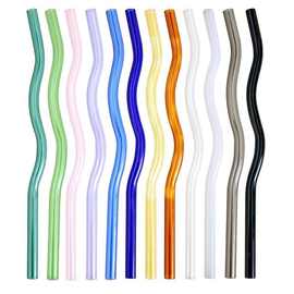 亚马逊跨境创意大波浪高硼硅玻璃吸管弯造型彩色环保耐热饮料吸管