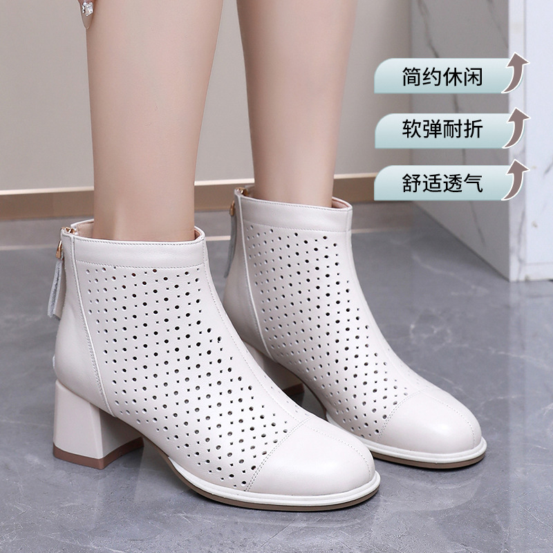 Spring and Summer 2025 New Retro Genuine Leather Hollow-out Sandals Cowhide Hole Boots Thick Heel Soft Bottom Handmade High-top Women's Sandals