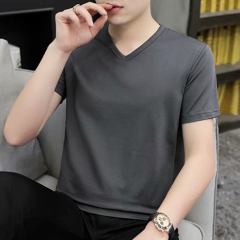 Camiseta de manga corta para hombre con cuello en V verano estilo coreano SLIM-Fit camisa blanca de fondo camiseta de media manga de cuello de pollo versátil para hombre
