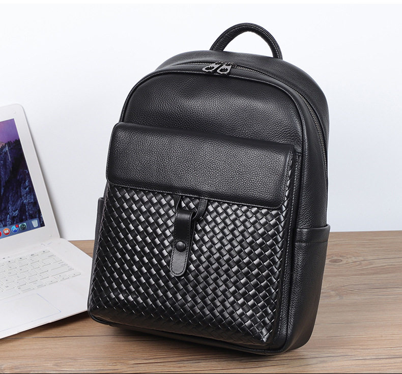 Ba lô nam da bò thật đan dệt đa chức năng có ngăn laptop 15 inch — Màu đen chi tiết 4
