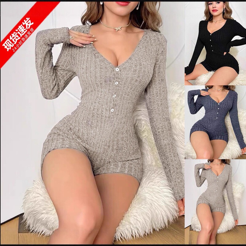 Amazon Women's Fall/Winter European and American Fashion Cross-Border Casual Slim-Fit Ribbed Knit Jumpsuit Amazon Women's Fall/Winter European and American Fashion Cross-Border Casual Slim-Fit Ribbed Knit Jumpsuit