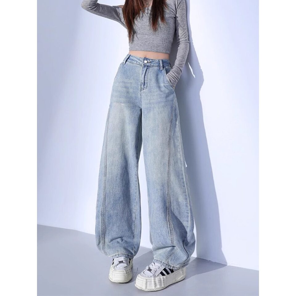 Quần jean nữ cạp cao ống đứng ống rộng phong cách giản dị mùa thu — Quần crop màu xanh nhạt dành cho chiều cao dưới 158cm., Màu xanh nhạt, được khuyên dùng cho chiều cao từ 164cm (5'4") trở lên., Quần màu xanh nhạt khuyến nghị 158-164cm