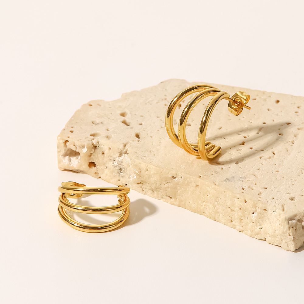 18K Real Gold Plated Plating Material PVD Coated Real Gold Plated C Shape 304 Stainless Steel Fashion Waterproof Non Tarnish Ear Studs