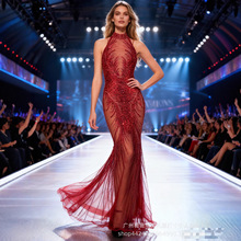 欧美外贸跨境新款红色圣诞高领亮片网纱包臀鱼尾聚会连衣裙晚礼服