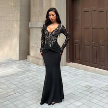 欧美风性感V领蕾丝长袖包臀连衣裙2025秋冬新款气质晚礼服JY25491