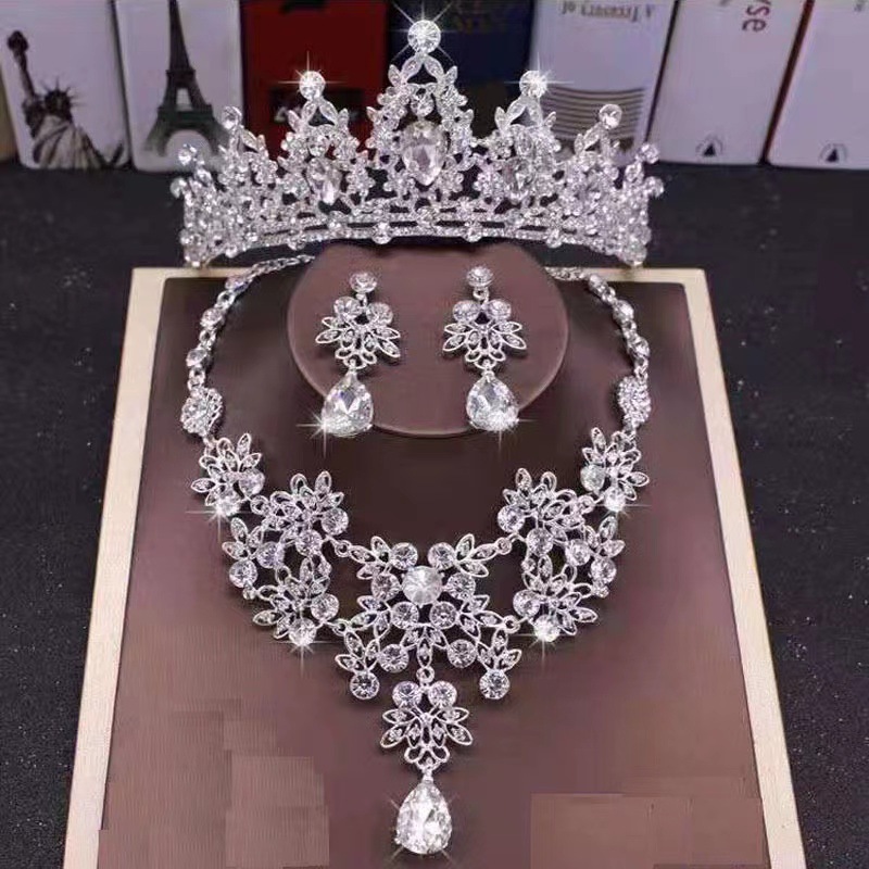 Crown Tiara Phoenix Crown Fairy Wedding White Veil Crown Necklace Earrings Birthday Korean Wedding Dress Three-Piece Set Manufacturer