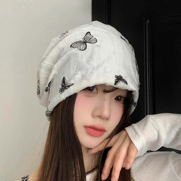 韩版蝴蝶刺绣堆堆帽秋冬新款帽子女复古百搭保暖包头帽显脸小冷帽|undefined