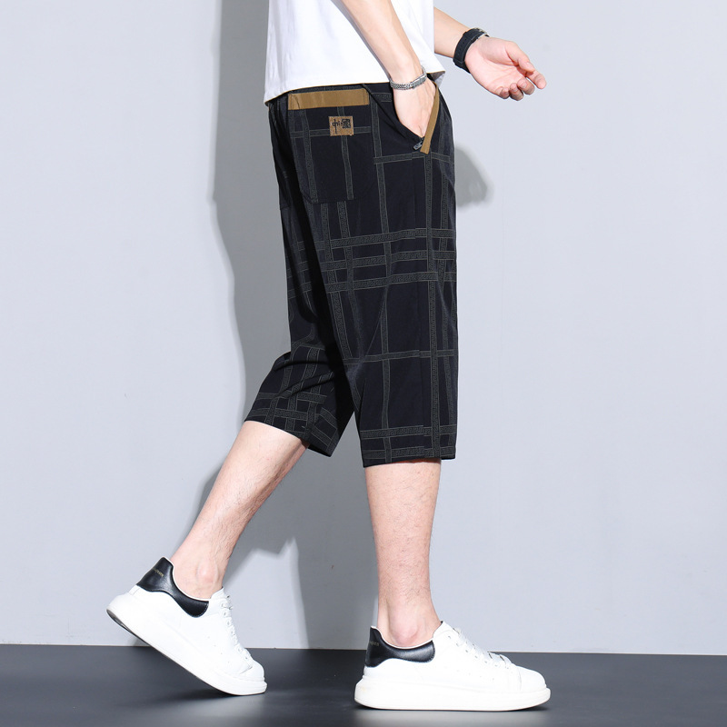 夏薄いチェック柄ストレッチ 7 点カジュアルショーツメンズトレンディな刺繍ルーズストレート 7 点ミッドパンツ卸売|undefined