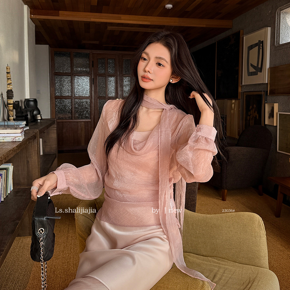 LS French-style mesh ruffled neck top and vest two-piece set for women, Guangzhou Shisanhang 2026 Spring Collection, Top 23036#