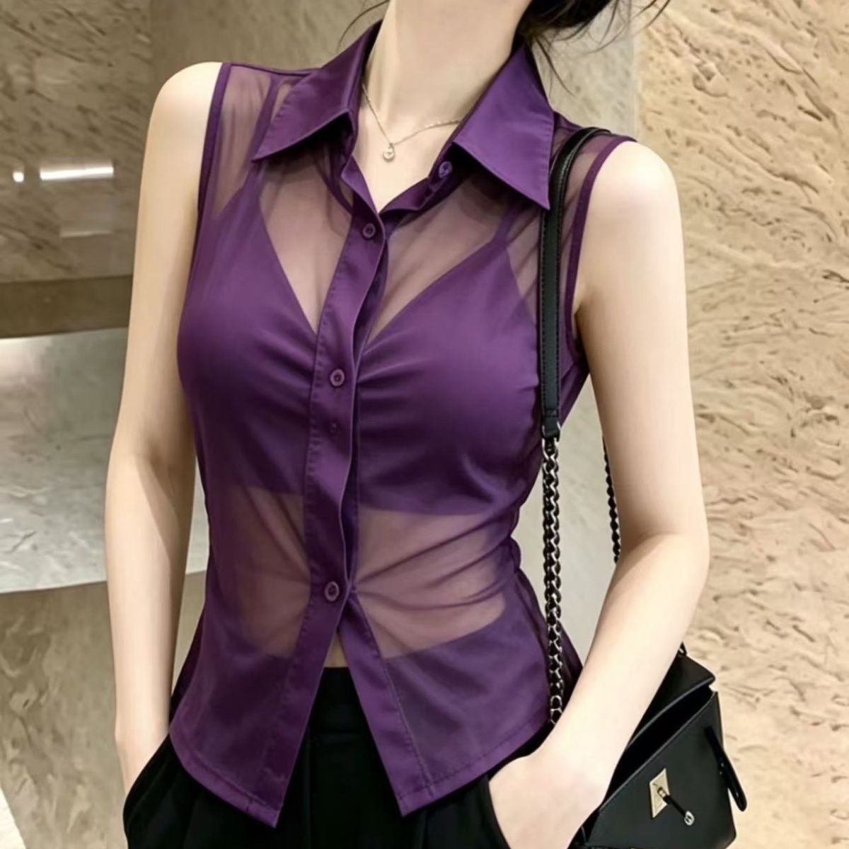 气质百搭薄款透视POLO女人味紫色网纱修身显瘦外无袖衬衫上衣