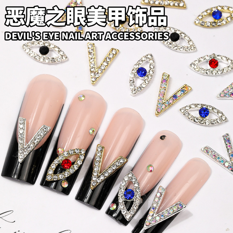 Evil Eye European and American Style Nail Pendant V-Shaped Full Diamond Nail Art Accessories Casual and Easiest for Match DIY Nail Decoration Accessories