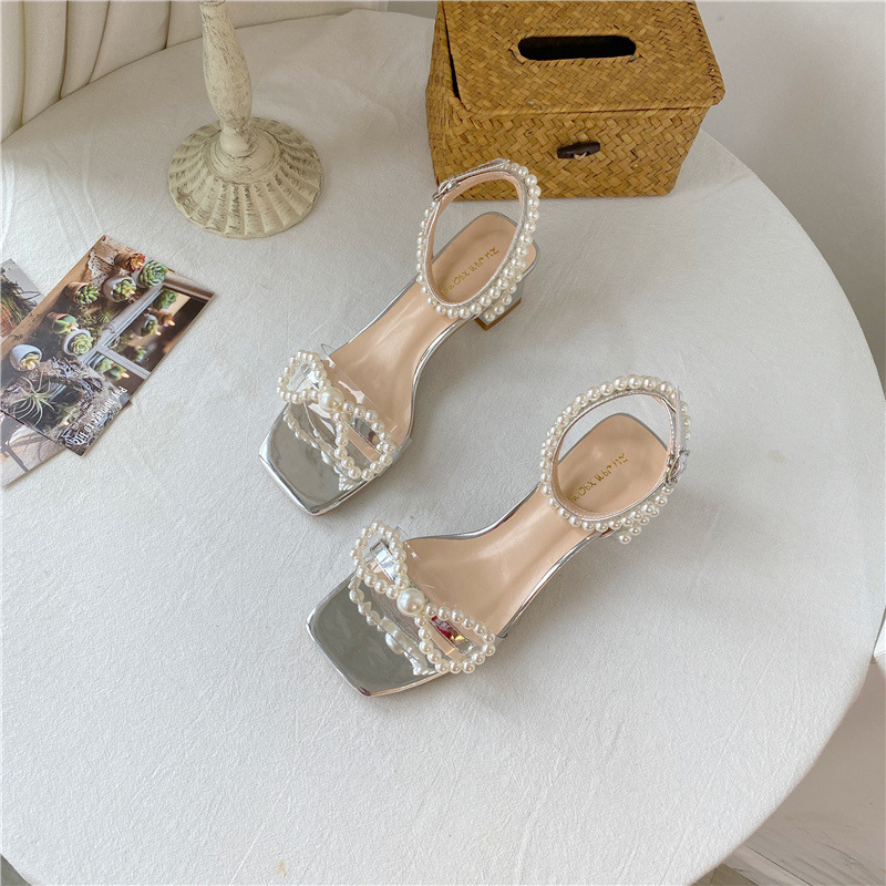 thick heel bow pearl sandals  NSHU31915