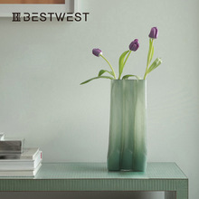Best west 乳绿色高级感玻璃花瓶摆件 现代简约ins家居客厅花器