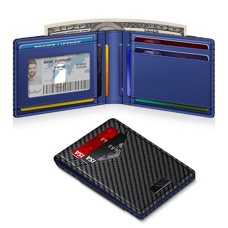 Amazon corto RFID cepillo antirrobo billetera de cuero doblada dos veces ultra delgada multi-tarjeta de dólar bolso de cuero para hombres