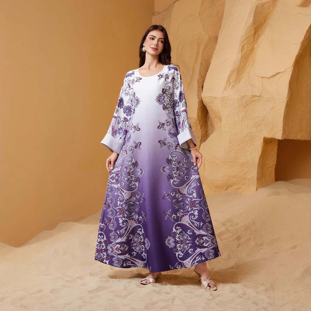 SW2514 Middle East Cross-border New Model Muslim Women's Robe With Printed Patterns, Rhinestones, And Beading, Round_ecoleips.com