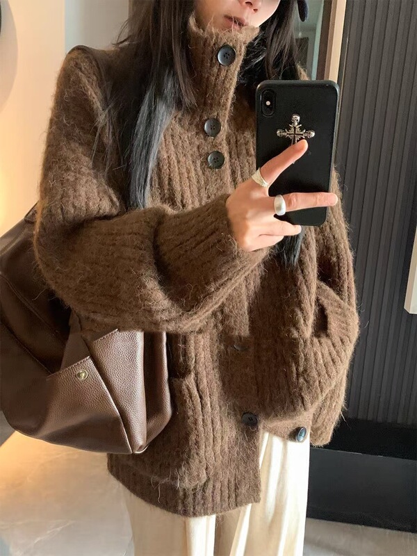 外贸大码慵懒风翻领毛衣女装秋冬新款高级氛围感软糯针织开衫外套|undefined