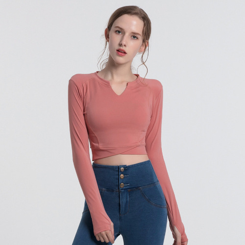 Cross-border tight-fitting women's elastic slimming yoga top long-sleeved running training fitness top feminine midriff-baring