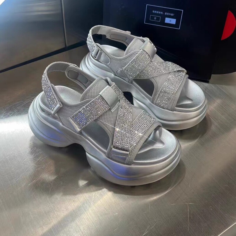 Rhinestone Cowhide Sandals Women's 2024 Summer New Outfit Genuine Leather Thick-soled Casual Non-slip Slippers