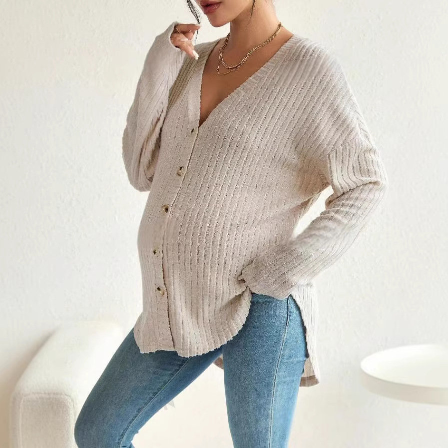 Cross-Border European and American Foreign Trade Amazon Long-Sleeve Maternity T-Shirt Cross-Border Front-Button Cardigan Drop-Shoulder Sleeve Maternity T-Shirt
