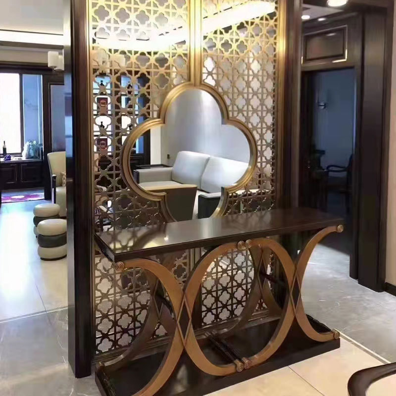 輕奢不鏽鋼屏風隔斷客廳現代入戶玄關激光鏤空花格鈦金屬假山鋁雕