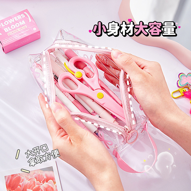 Bolsa de lápices transparente con lazo de alto valor, estilo ins, bolsa de papelería para estudiantes de gran capacidad, nueva caja de lápices impermeable portátil