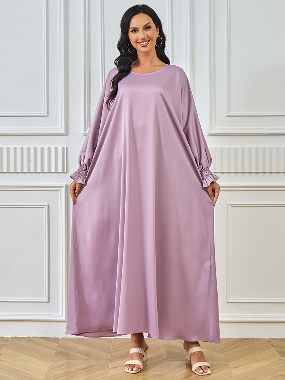 2024 New Cross-Border Abaya Dubai Muslim Middle Eastern Women's Long Robe Solid Color Dress_ecoleips.com