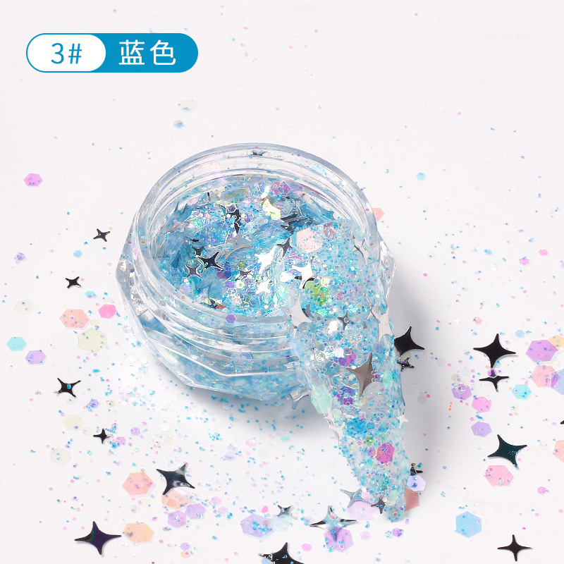 Celebridad de Internet nuevo multicolor clavo estrella flash lentejuelas tamaño mezclado láser brillo uñas lentejuelas joyería en caja