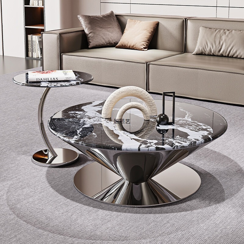 Light Luxury Minimalist Marble Coffee Table for Small Apartments, Round Coffee Table Set for Living Room Sofa, High-End Side Table