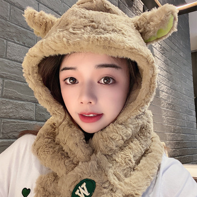 Lamb Ears Hat scarf one keep warm lovely Plush Embroidery Collar winter Windbreak Ear Sets of headgear