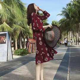 2026春装新款女装复古印花雪纺蝴蝶结连衣裙长袖显瘦荷叶边中长裙