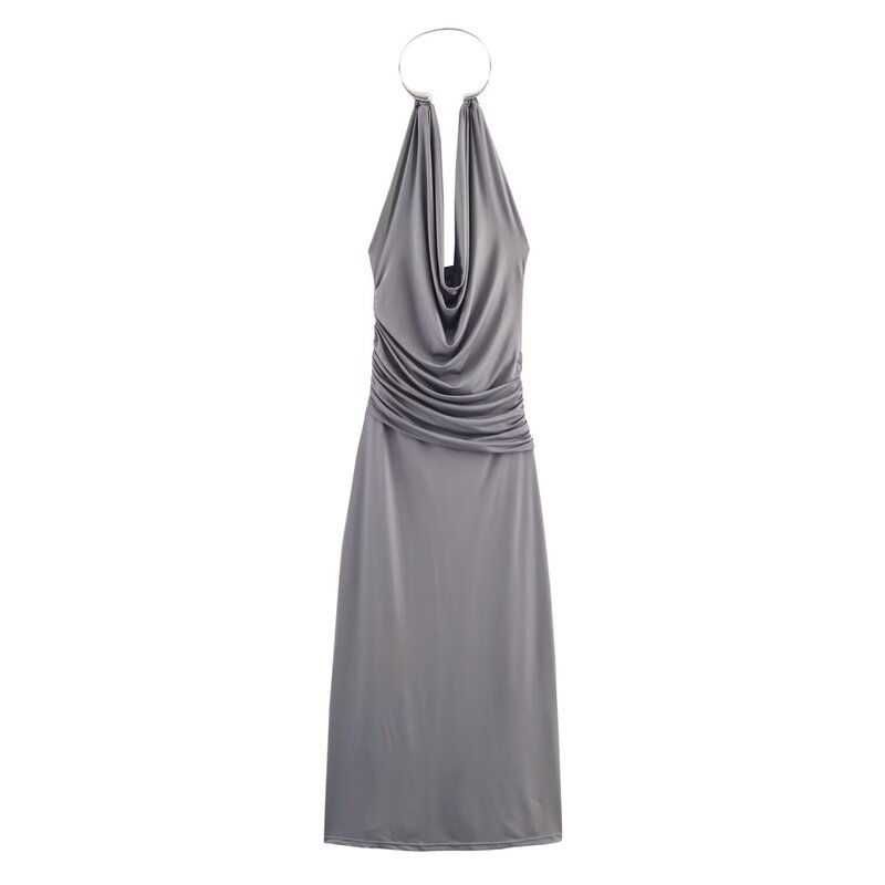 Amazon Wholesale Autumn New Women's Pullover Jewelry Halter Neck Backless Sleeveless Long Dress 5063251