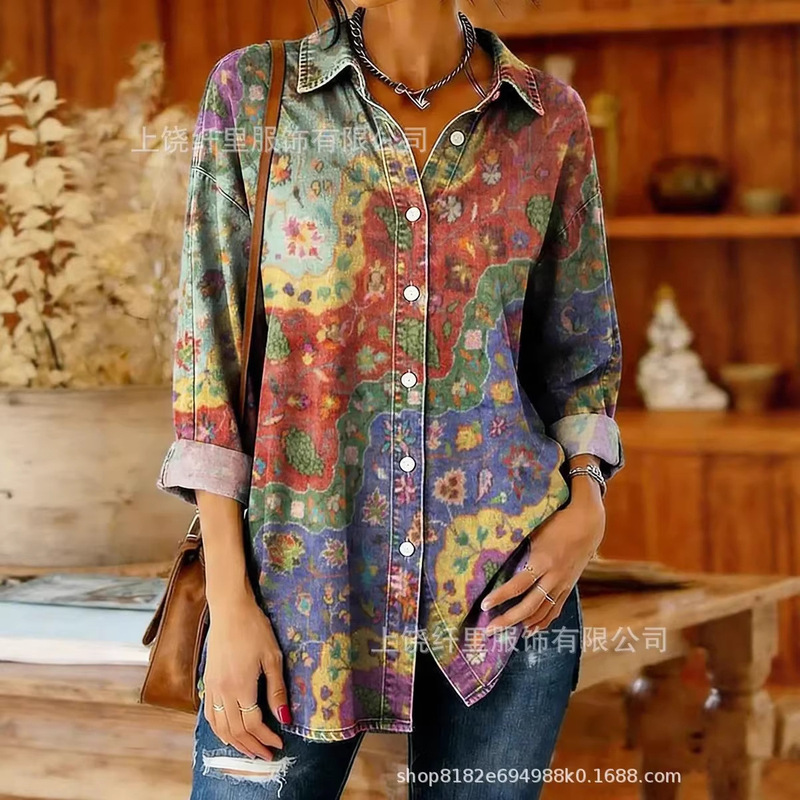 Cross-Border Amazon Independent Site 3D Digital Printing New Retro Floral Art Casual Long-Sleeved Women's Shirt D
