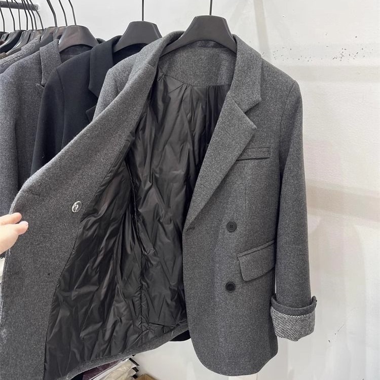 2025 New Korean Style Inner Cotton-Padded Blazer Down Jacket For Women Winter Small Size Rolled Sleeve Elegant Wool Coat_ecoleips.com