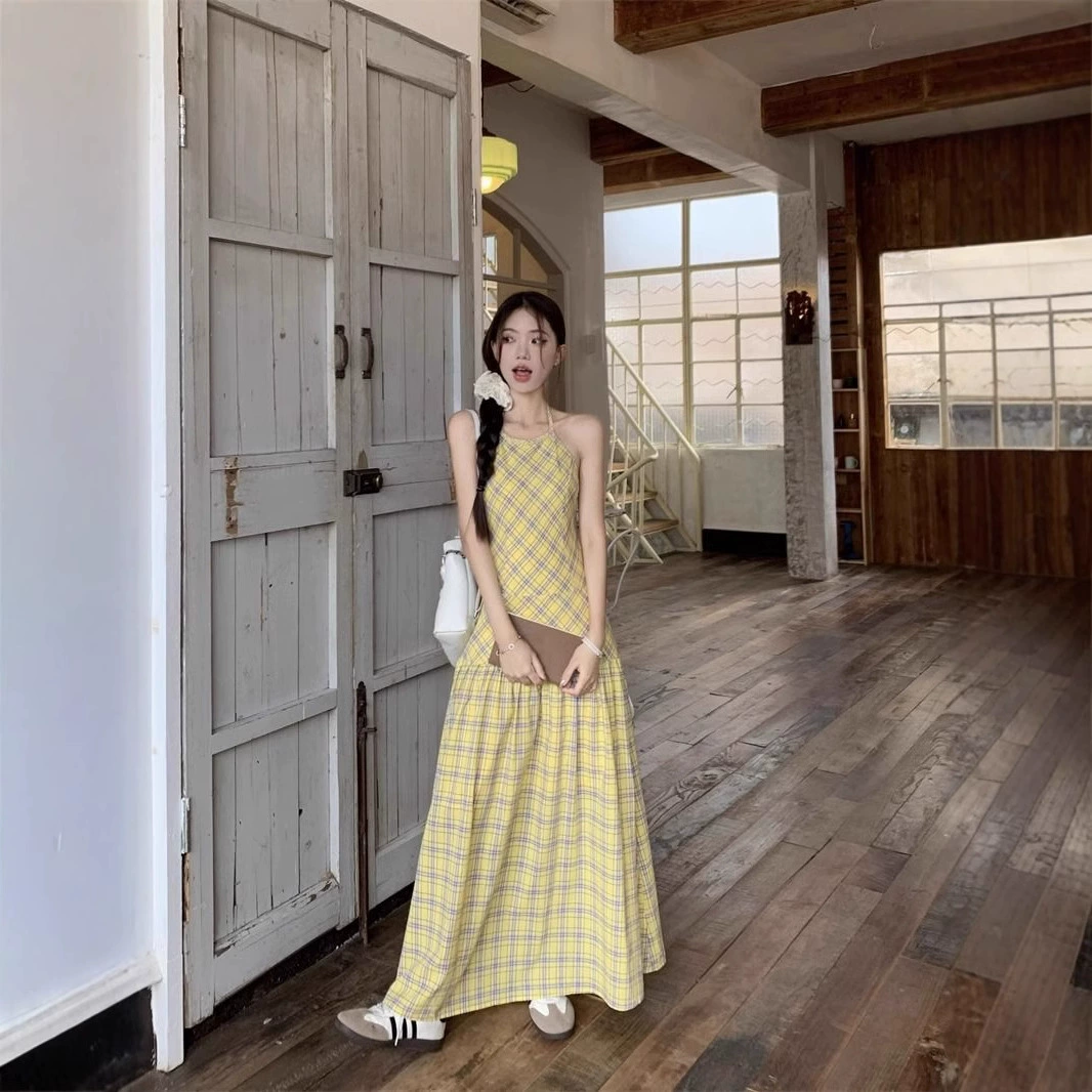 Трансграничная юбка с шеей платье платье женское лето новый подтяжка юбка желтая клетка для талии праздник платье без спинки