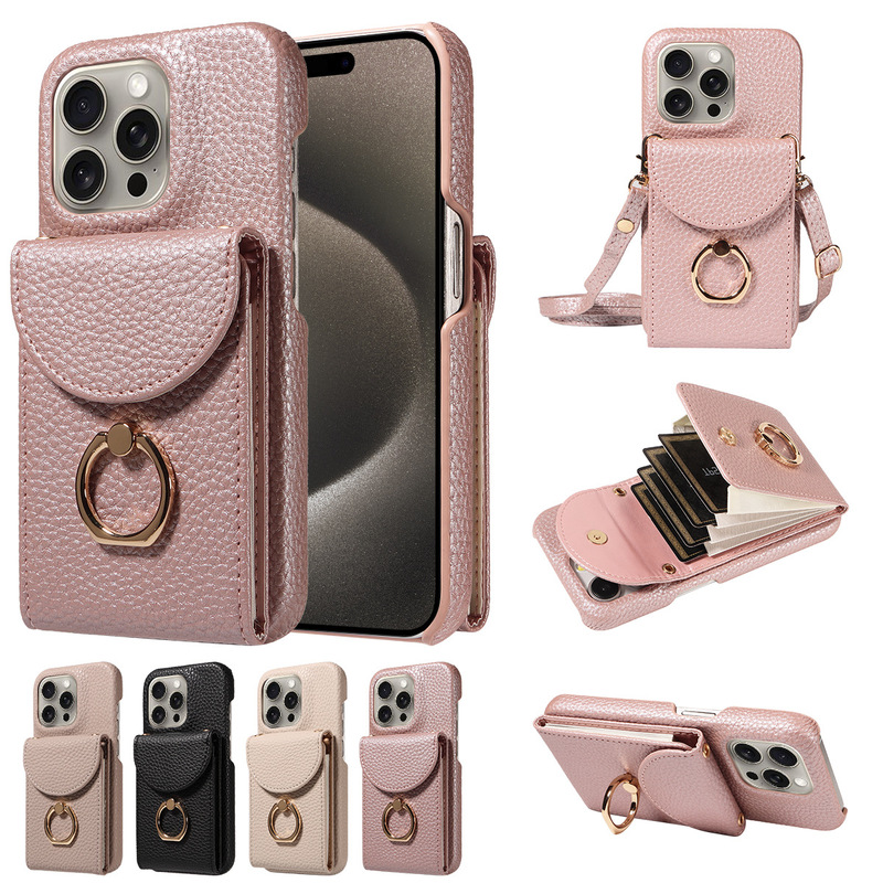 Suitable for Apple 16Promax Mobile Phone Case 15Plus Protective Cover Pebbled Pattern 12 Accordion Ring Business Card Holder 13